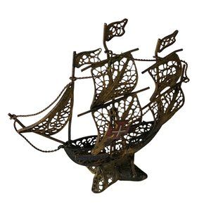 Vintage Brass Filigree Gallion Sailboat Ship Figurine Portugal Souvenir